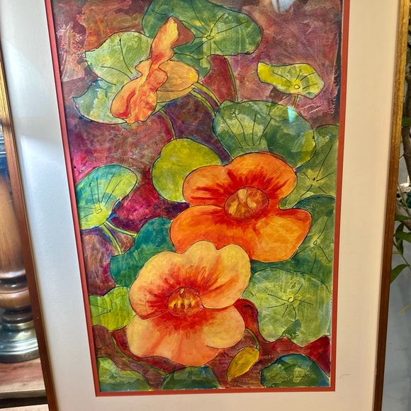 Vintage Signed Custom Framed Mary Neubert Watercolor “Nasturtiums